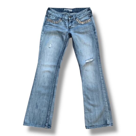 Y2K Express Stella Boot Cut Low Rise Studded Distressed Blue Jeans Medium Wash - Picture 14 of 14